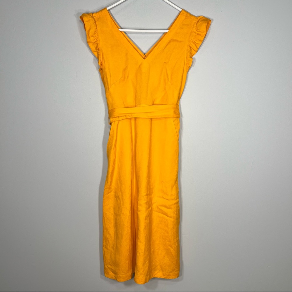 NEW Ann Taylor LOFT Dress Womens 0 Orange Linen Blend Ruffle Sleeve Cut Out Belt